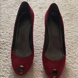 Stuart Weitzman Red Suede Peep Toe Heels
